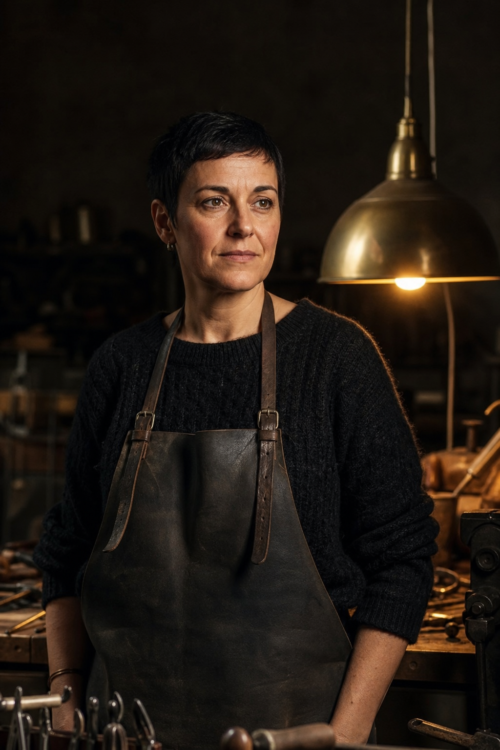 Iva Kovač, osnivačica Lumen Ateliera, u radionici ispred mesingane svjetiljke