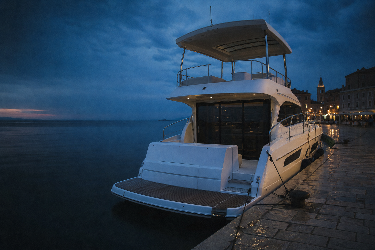 Bijeli flybridge na zadarskoj rivi u plavom satu